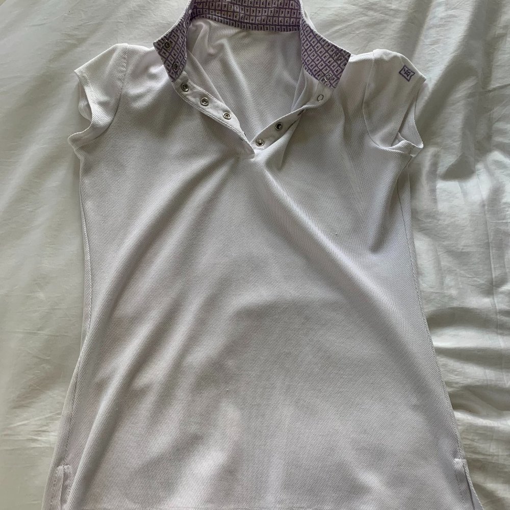 White Riding Show Top, Short Sleeved, with Purple Trim